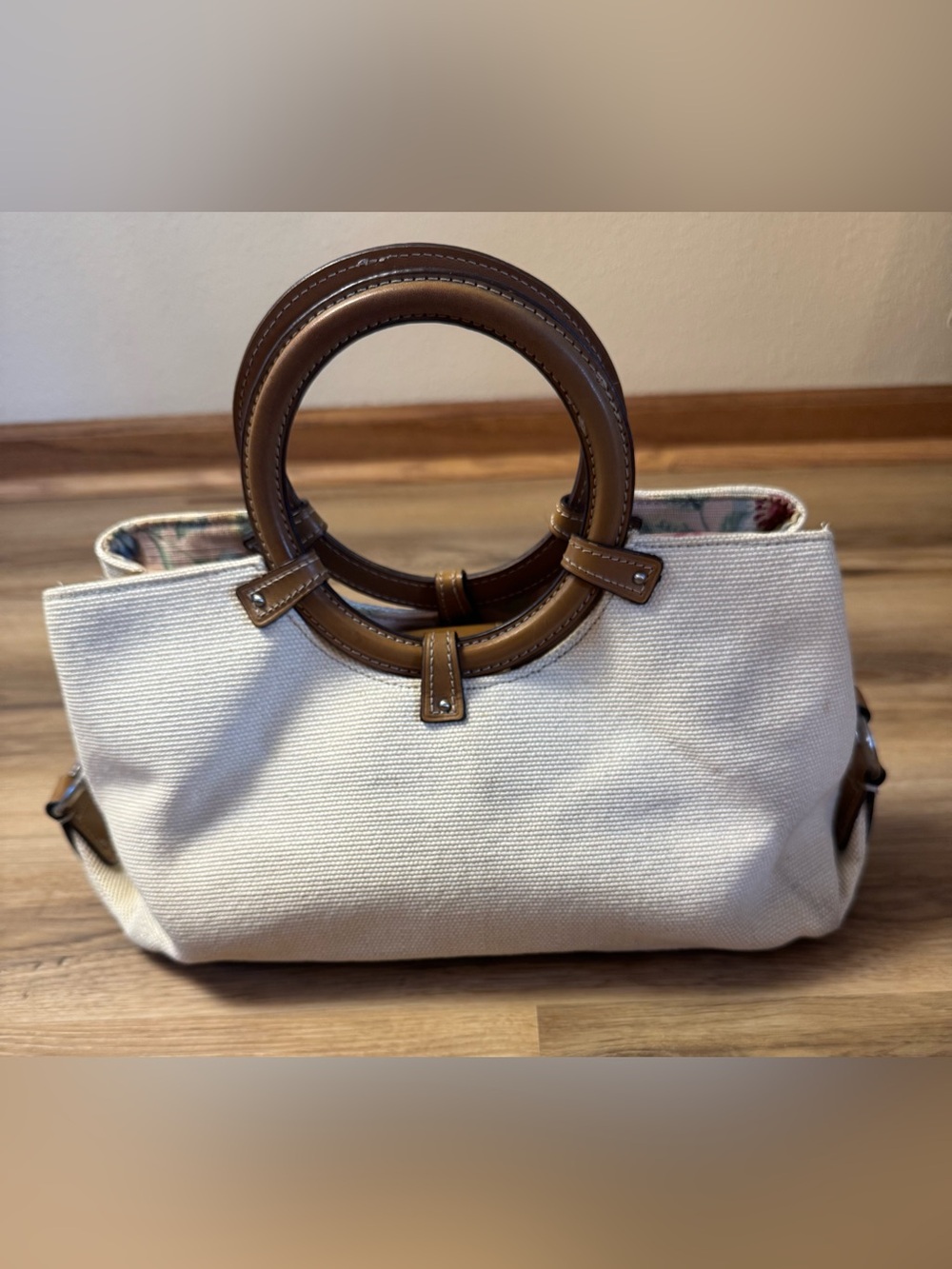 Fossil Canvas & Leather Ring Handle Purse Floral Lining Key Charm